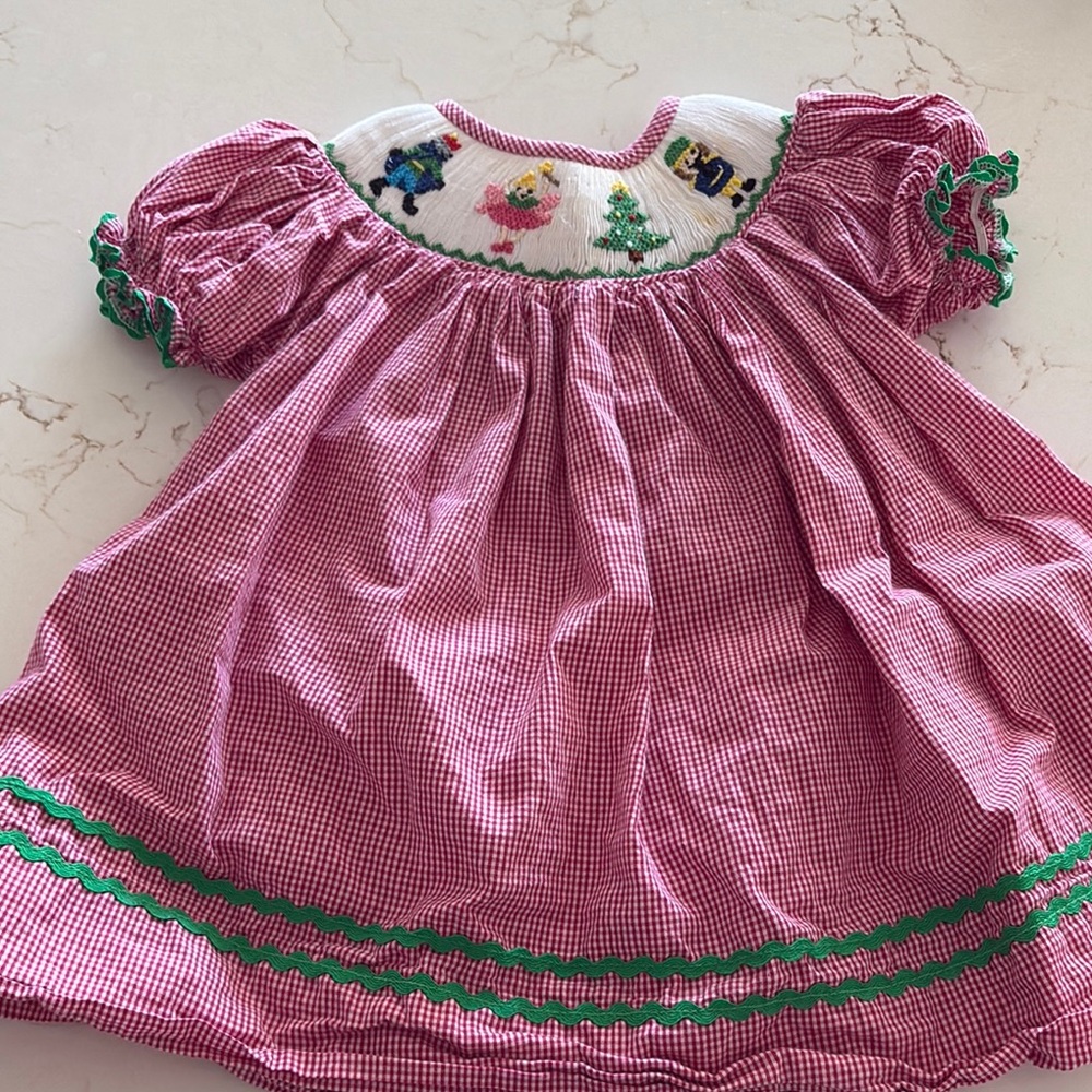 Red and Green Gingham Dress with Embroidery